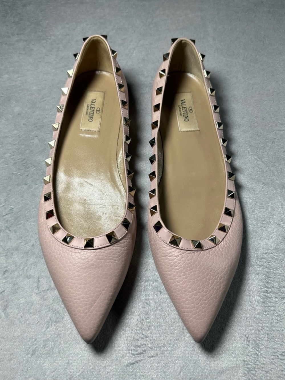Valentino Pink Leather Rockstud Pointed Ballet Flats